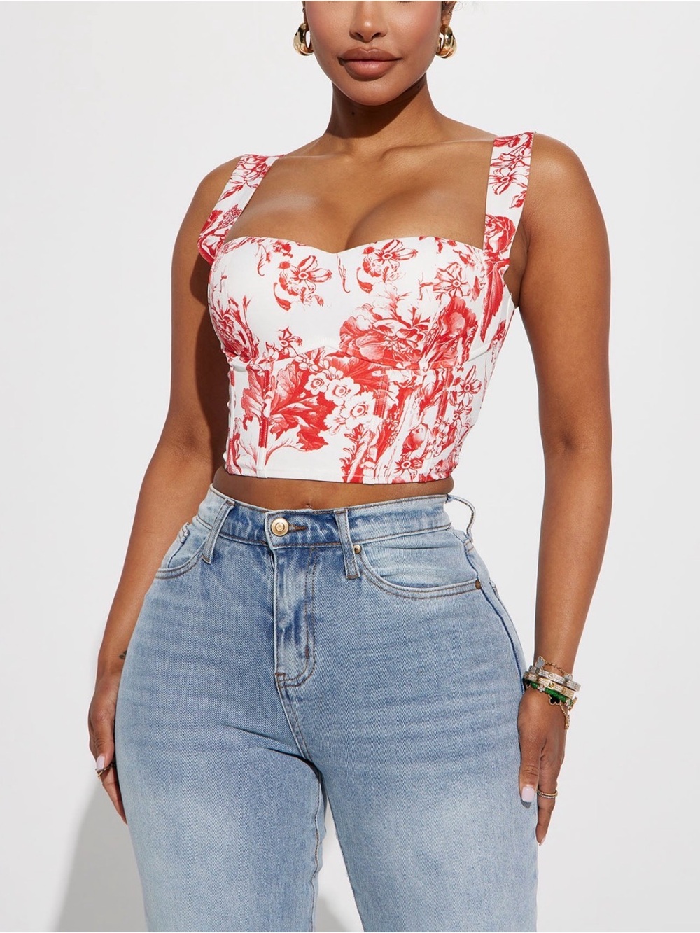 Fashion Nova Red White Toile Floral Corset Bustier Crop Top XL NWT